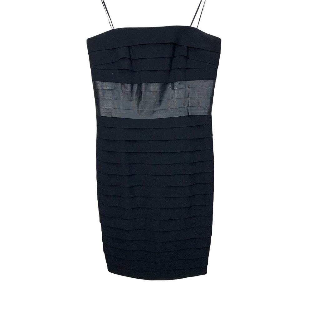 Carmen Marc Valvo Tiered Pleated Little Black Dress Strapless Sheath Leather 6 S